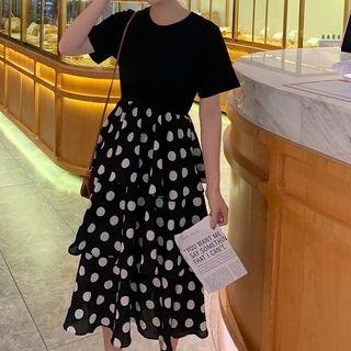 Dotted Panel Short-sleeve Midi Tiered Dress