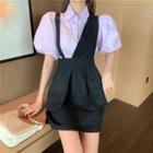 Puff-sleeve Plain Shirt / Asymmetric Mini Jumper Dress