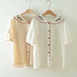 Sailor Collar Floral Embroidered Shirt