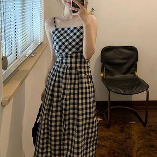Spaghetti Strap Gingham Midi A-line Dress Plaid - Black & White - One Size