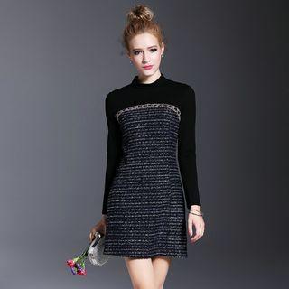 Tweed Panel Long Sleeve A-line Dress