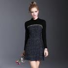 Tweed Panel Long Sleeve A-line Dress