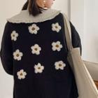 Floral Embroidered V-neck Knit Cardigan Black - One Size