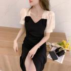 Short-sleeve Two-tone Mini Sheath Dress / Sheath Dress