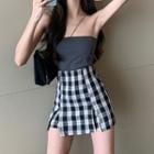 Spaghetti-strap Plain Top / Plaid Mini A-line Skirt