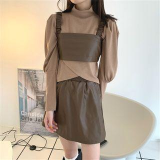 Long-sleeve Mock-neck Top / Sleeveless Faux-leather Top / Faux-leather Skirt