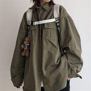 Front Pocket Plain Button-down Shirt Army Green - One Size
