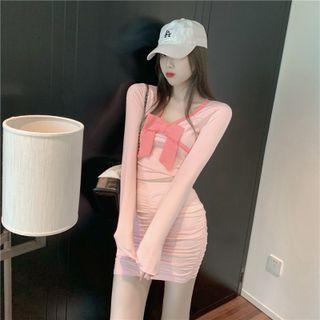 Long-sleeve Bow T-shirt / Shirred Pencil Skirt