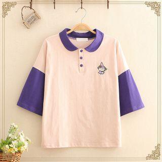 Cartoon Embroidered Color Block Short Sleeve Polo Shirt