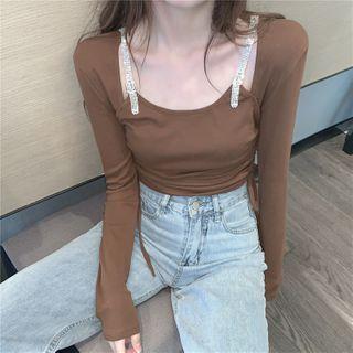 Mock Two Piece Pleated Long-sleeve Top