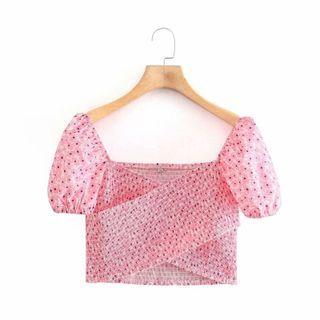 Puff-sleeve Floral Print Crisscross Blouse