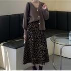 Plain Cardigan / Leopard Midi A-line Skirt