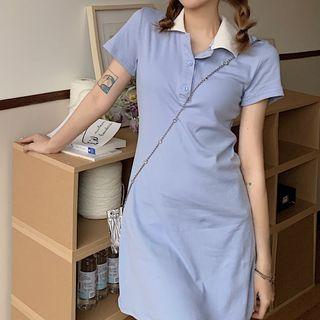 Short-sleeve Plain Polo Dress Blue - One Size