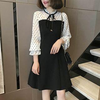 3/4-sleeve Heart Print Panel A-line Dress