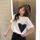 Elbow-sleeve Heart Mesh Panel T-shirt