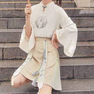 Embroidered Flared-sleeve Blouse / A-line Skirt
