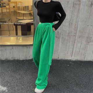 Long-sleeve Plain T-shirt / High Waist Wide Leg Pants