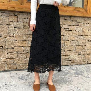 Lace Overlay Midi Knit Skirt