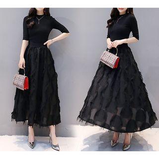 Set: Elbow-sleeve Knit Top + Midi A-line Skirt