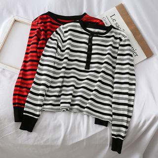 Henley-neck Striped Crop Knit Top
