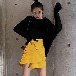 Long-sleeve Open-back Hooded Top / Mini A-line Skirt