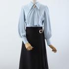 Puff-sleeve Shirt / Buckled Midi A-line Skirt