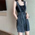 Set: Square Neck Plain Tank Top + High Waist Suspender Denim Shorts