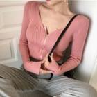 Long-sleeve Zip Knit Top Mauve Pink - One Size