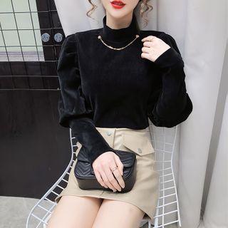 Puff Sleeve Mock Neck Velvet Top