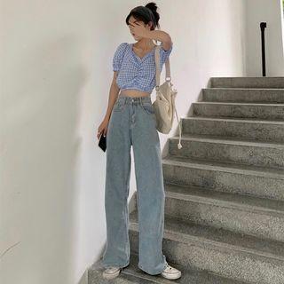 Check Short-sleeve Top / Wide Leg Jeans