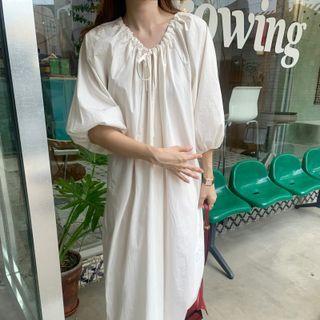 Lantern-sleeve Drawstring Plain Dress