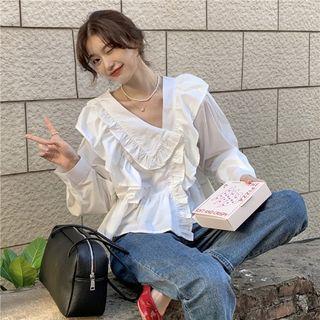 Asymmetrical Ruffled Blouse White - One Size