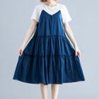 Mock Two Piece Short-sleeve Midi A-line Dress As Shown In Figure - One Size