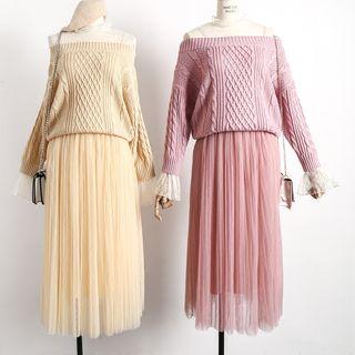 Set: Sheer-panel Knit Sweater + Mesh Slipdress