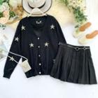 Set: Star Pattern Cardigan + Pleated Skirt