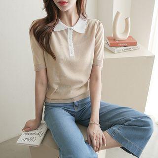 Contrast-collar Shirred-shoulder Knit Top