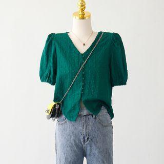 V-neck Plain Dotted Button-up Blouse