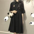 Applique Elbow-sleeve A-line Dress Black - One Size
