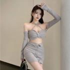 Long-sleeve Off-shoulder Crop Top / Fitted Skirt