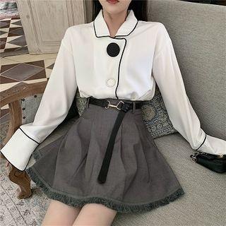 Contrast Trim Buttoned Blouse White - One Size
