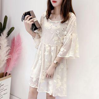 Set: Embroidered 3/4-sleeve Dress + Plain Slipdress