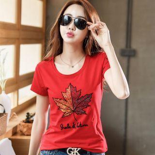 Short-sleeve Rhinestone Leaf Print T-shirt