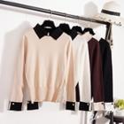 Long-sleeve Two-tone Collared Knit Top
