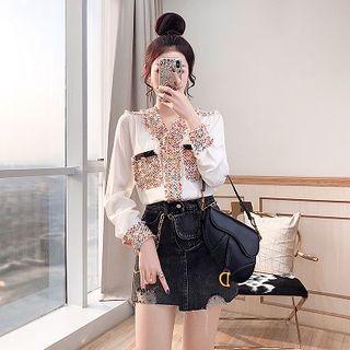 Set: Tweed Panel Long-sleeve Top + Distressed Mini A-line Denim Skirt