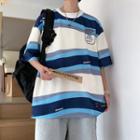 Elbow-sleeve Striped Letter Embroidered T-shirt / Button-up Shorts