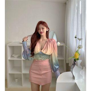 Color Block Gradient V-neck Blouse / Plain Mini Pencil Skirt