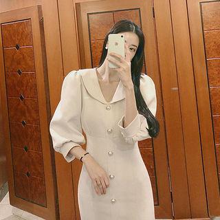 Puff-sleeve Faux-pearl Shirtdress