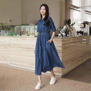 Band-waist Maxi Denim Shirtdress