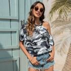 Camo Cold-shoulder Short-sleeve Top
