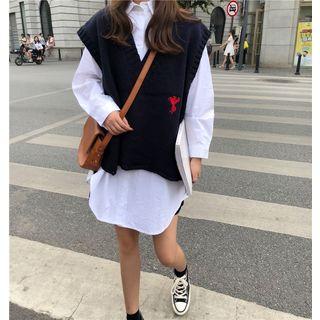 Long Plain Shirt / V-neck Knit Top